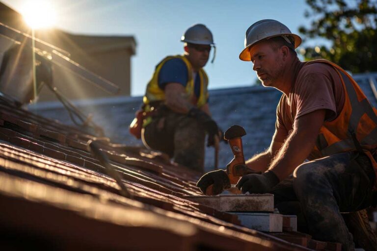 A homeowner measures roof slope with a level beside a shingled house after light snowfall.