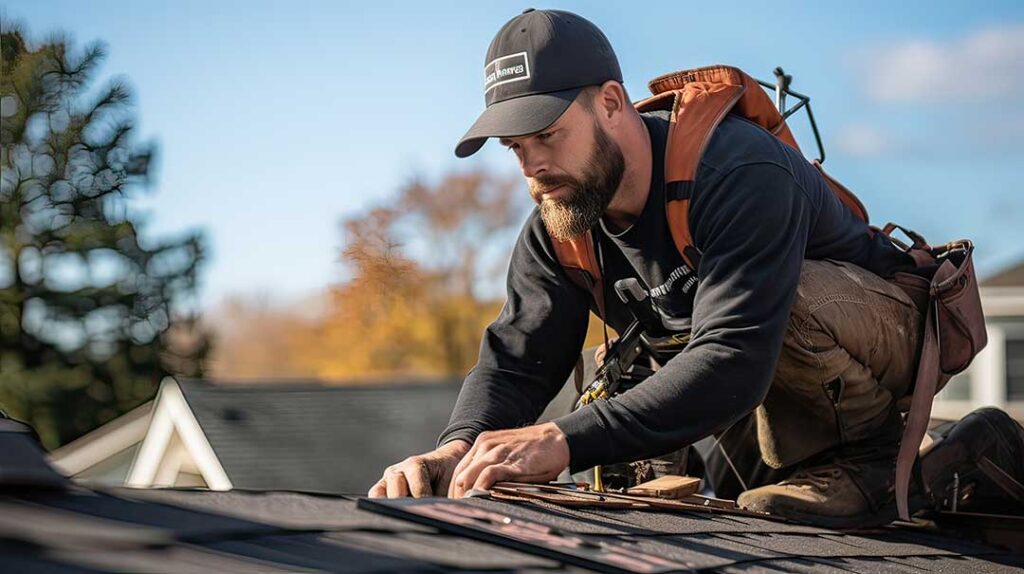 A homeowner compares roofing samples beside siding, trim, and brick on a residential house.