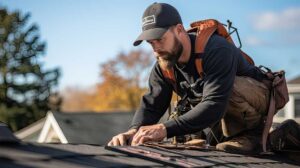 A homeowner compares roofing samples beside siding, trim, and brick on a residential house.